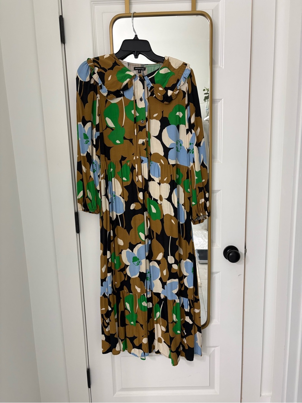 Who What Wear Long Sleeve Floral Midi Dress in Black, Brown & Green